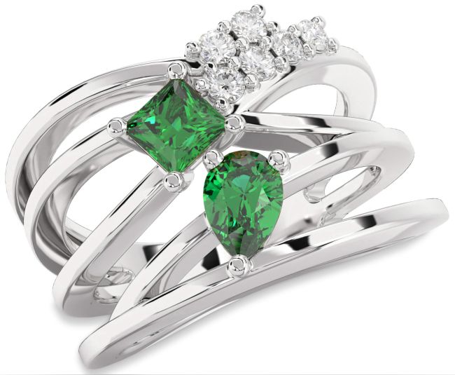 Diamond Emerald Silver Pear Three Stone Birthstone Ring