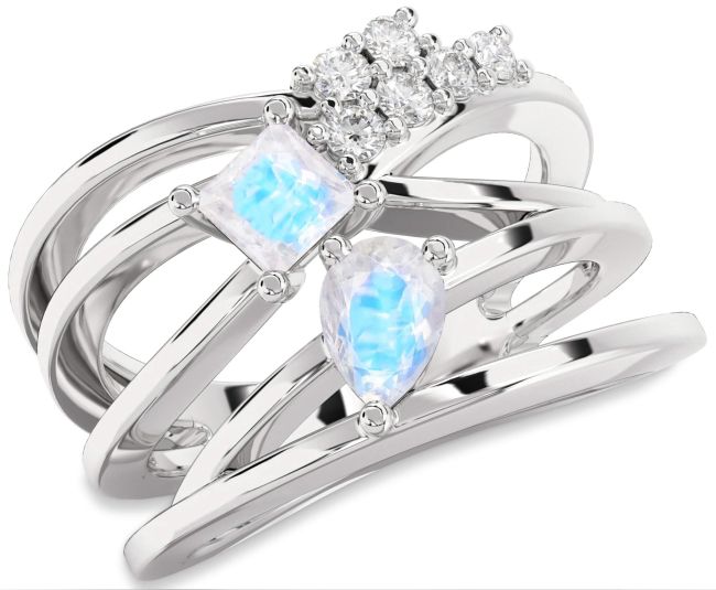 Diamond Moonstone Platinum Pear Three Stone Ring