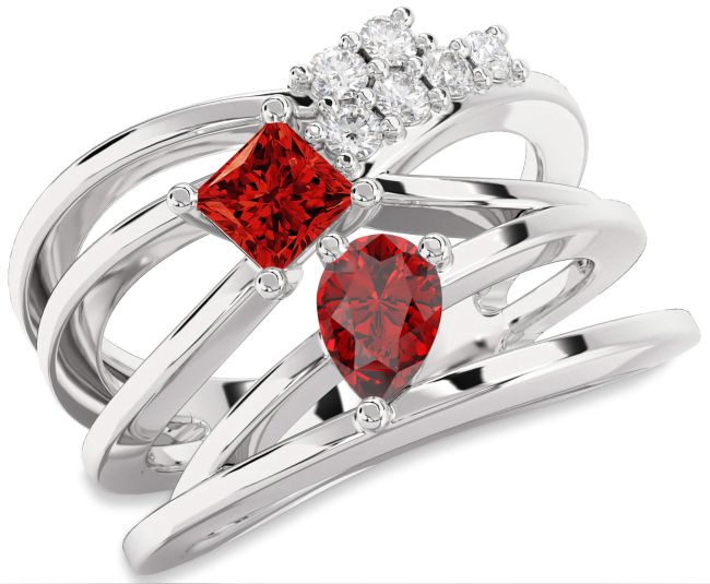 Diamond Ruby Silver Pear Three Stone Birthstone Ring