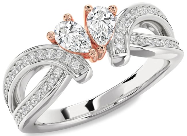 Diamond Rose Gold Silver Pear Two Stone Ring