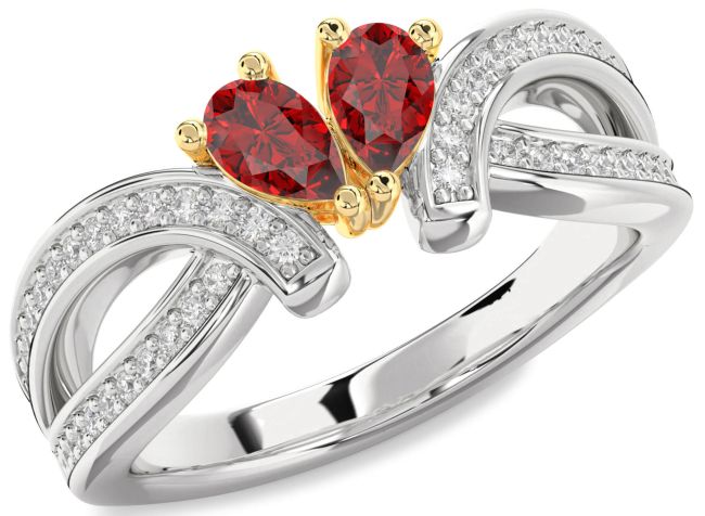 Diamond Ruby Gold Silver Pear Two Stone Birthstone Ring