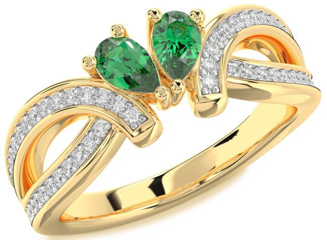 Diamond Emerald Gold Pear Two Stone Birthstone Ring