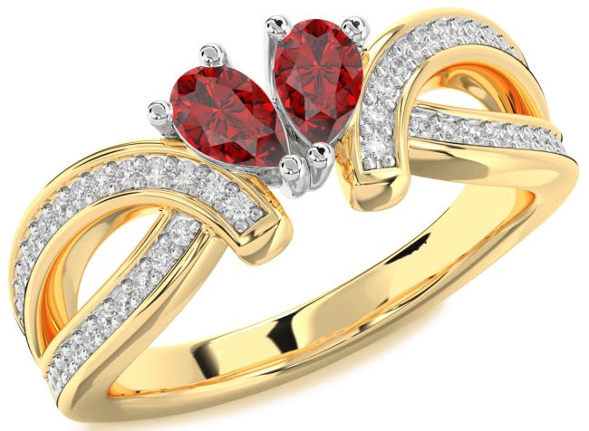 Diamond Ruby Gold Silver Pear Two Stone Birthstone Ring