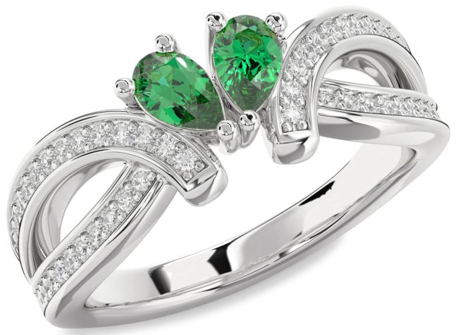 Diamond Emerald Silver Pear Two Stone Birthstone Ring
