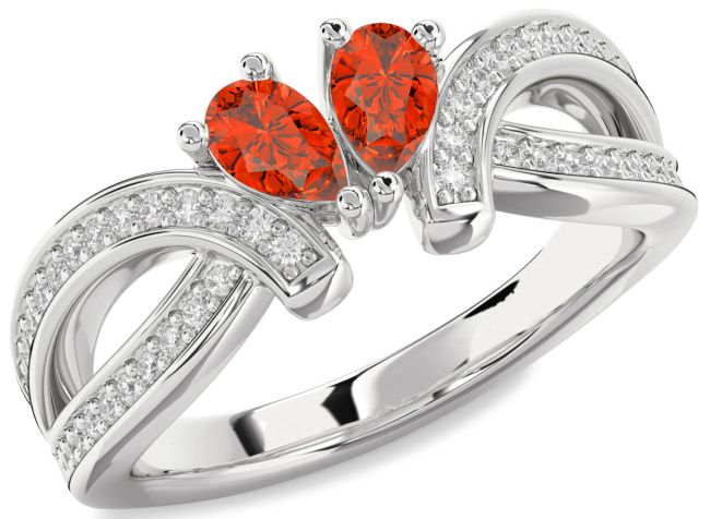 Diamond Fire Opal Platinum Pear Two Stone Ring