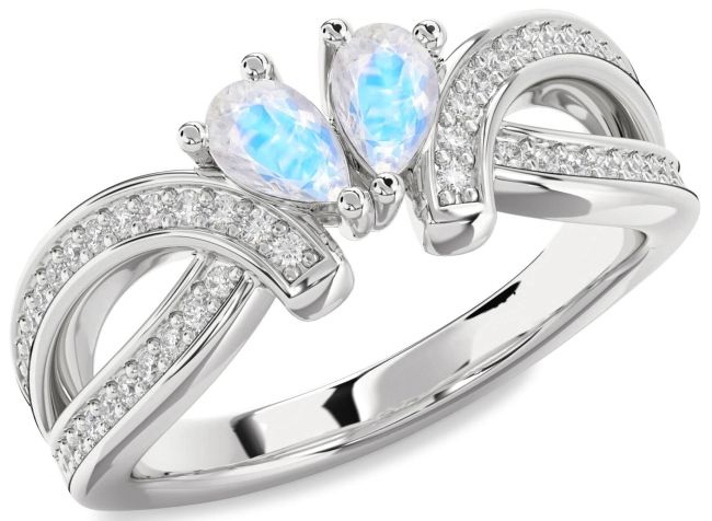Diamond Moonstone Platinum Pear Two Stone Ring