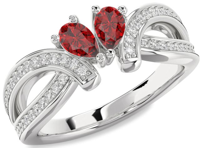 Diamond Ruby Silver Pear Two Stone Birthstone Ring