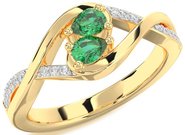 Diamond Emerald Gold Pear Two Stone Birthstone Ring