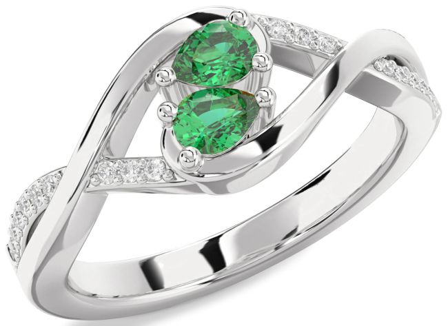Diamond Emerald Silver Pear Two Stone Birthstone Ring