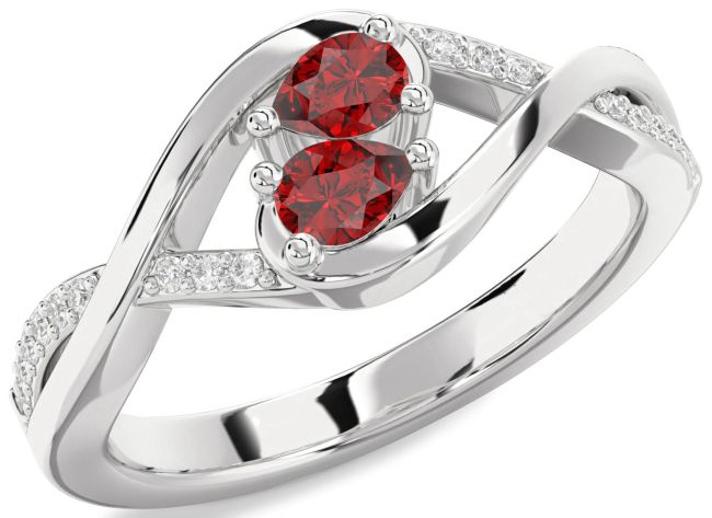 Diamond Ruby Silver Pear Two Stone Birthstone Ring