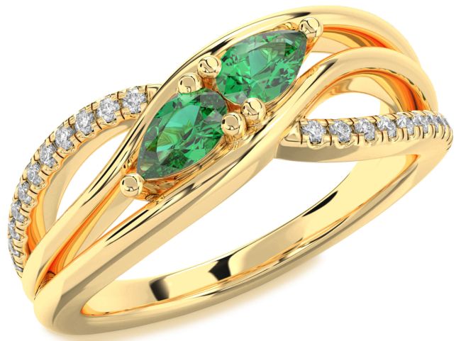 Diamond Emerald Gold Pear Two Stone Birthstone Ring