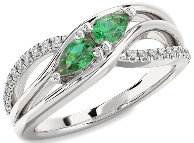 Diamond Emerald Silver Pear Two Stone Birthstone Ring