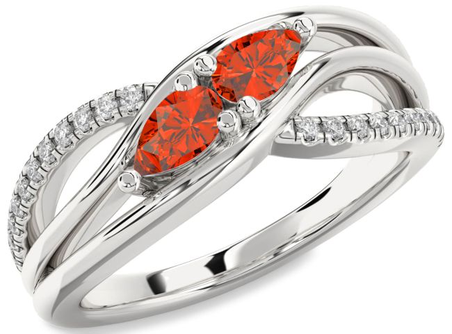 Diamond Fire Opal Platinum Pear Two Stone Ring