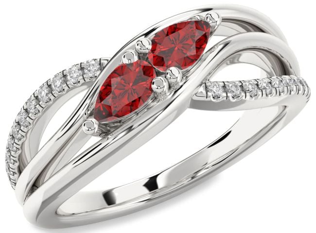 Diamond Ruby Silver Pear Two Stone Birthstone Ring