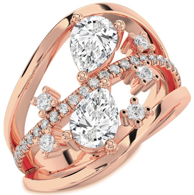 Diamond Rose Gold Silver Pear Three Stone Ring