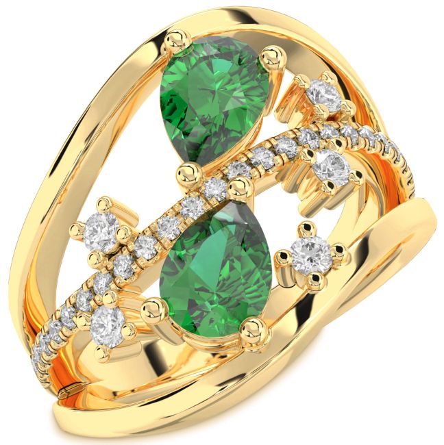 Diamond Emerald Gold Pear Three Stone Birthstone Ring