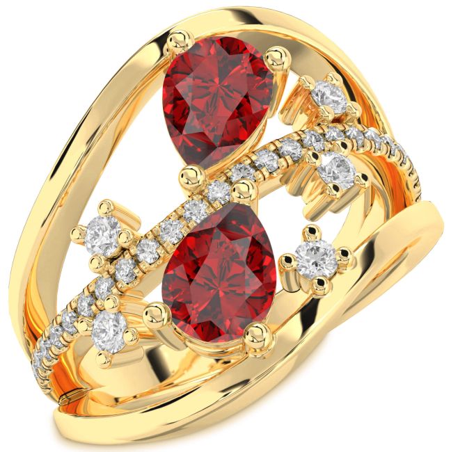 Diamond Ruby Gold Pear Three Stone Birthstone Ring