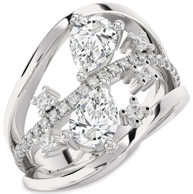 Diamond Silver Pear Three Stone Ring