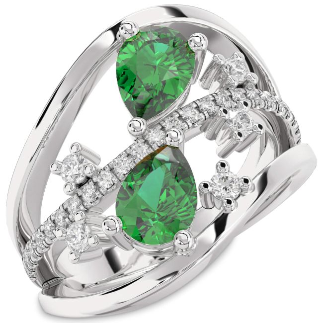Diamond Emerald Silver Pear Three Stone Birthstone Ring