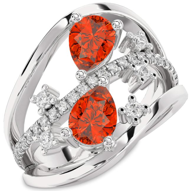 Diamond Fire Opal Platinum Pear Three Stone Ring