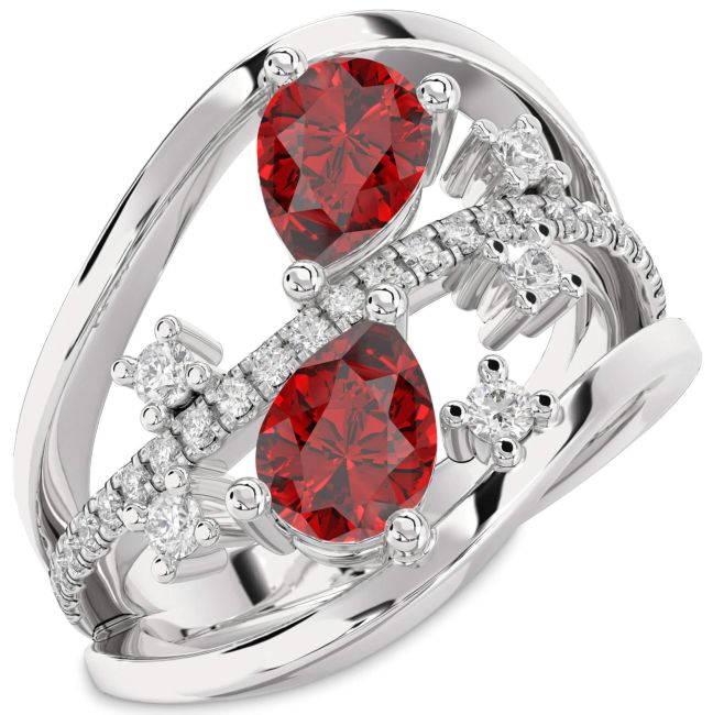 Diamond Ruby Silver Pear Three Stone Birthstone Ring