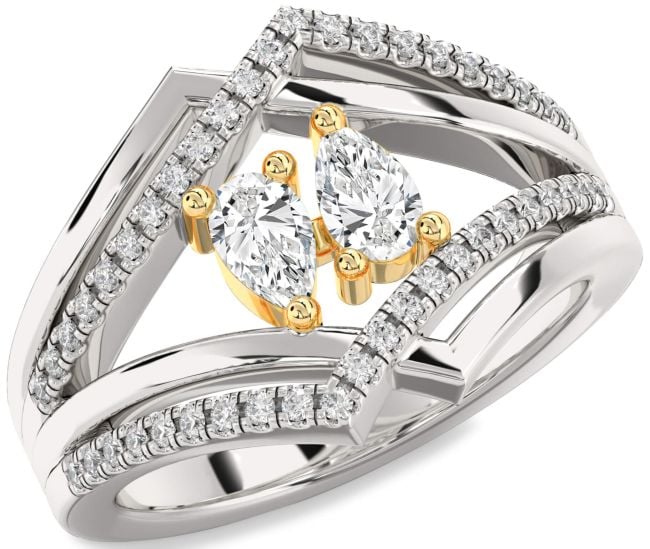 Diamond White Yellow Gold Pear Two Stone Ring