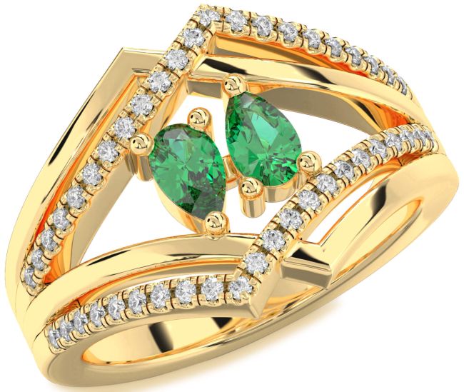 Diamond Emerald Gold Pear Two Stone Birthstone Ring