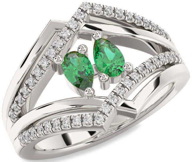 Diamond Emerald Silver Pear Two Stone Birthstone Ring