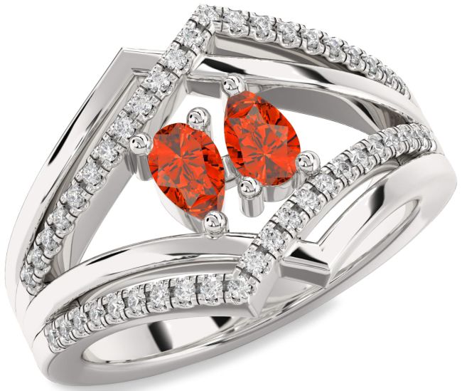 Diamond Fire Opal Platinum Pear Two Stone Ring