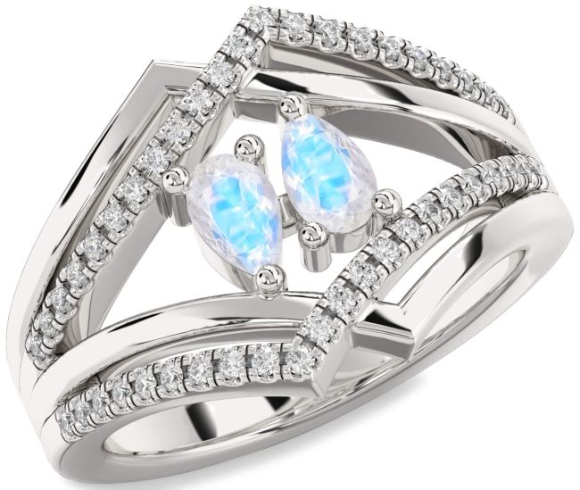 Diamond Moonstone Platinum Pear Two Stone Ring