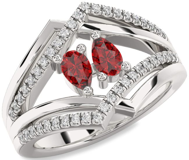 Diamond Ruby Silver Pear Two Stone Birthstone Ring