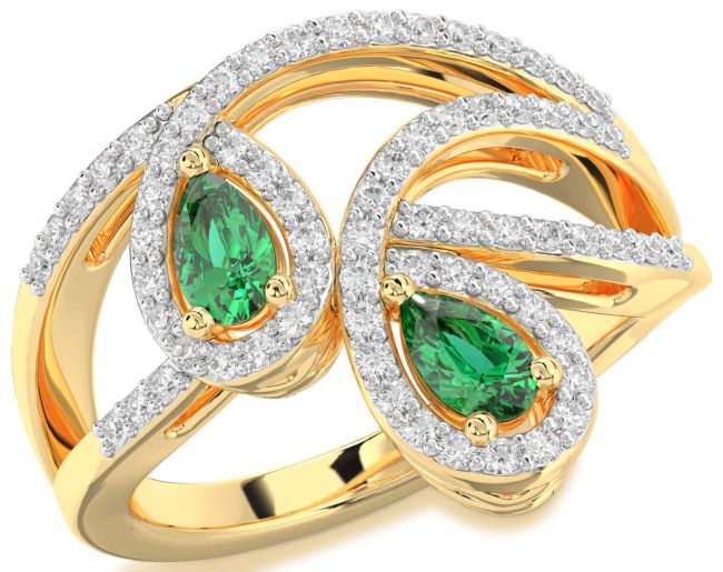 Diamond Emerald Gold Pear Two Stone Birthstone Ring