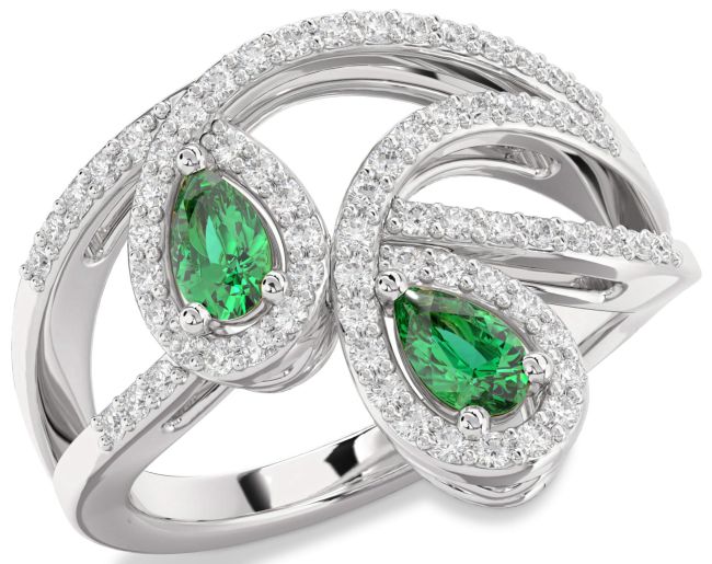 Diamond Emerald Silver Pear Two Stone Birthstone Ring