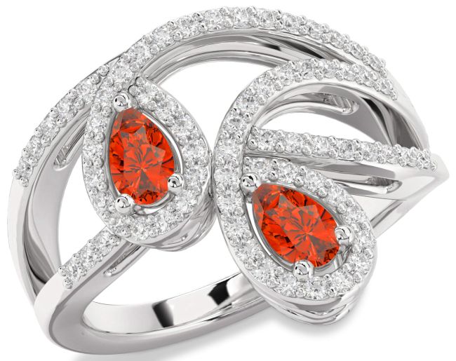 Diamond Fire Opal Platinum Pear Two Stone Ring