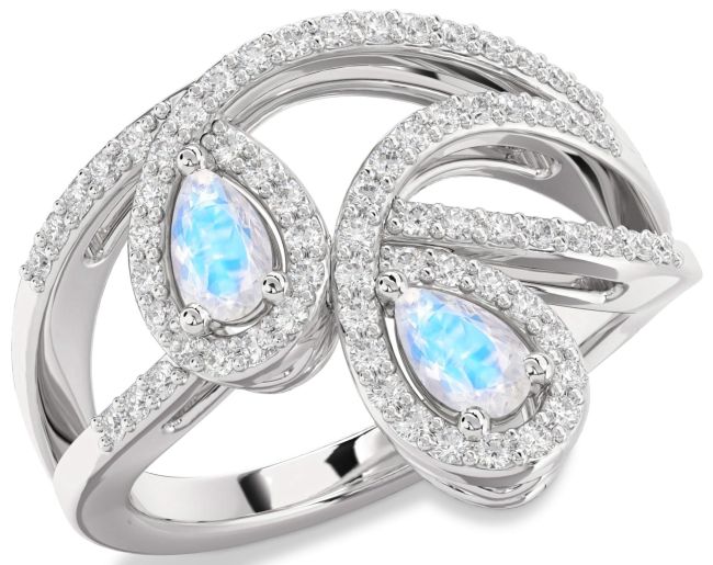 Diamond Moonstone Platinum Pear Two Stone Ring