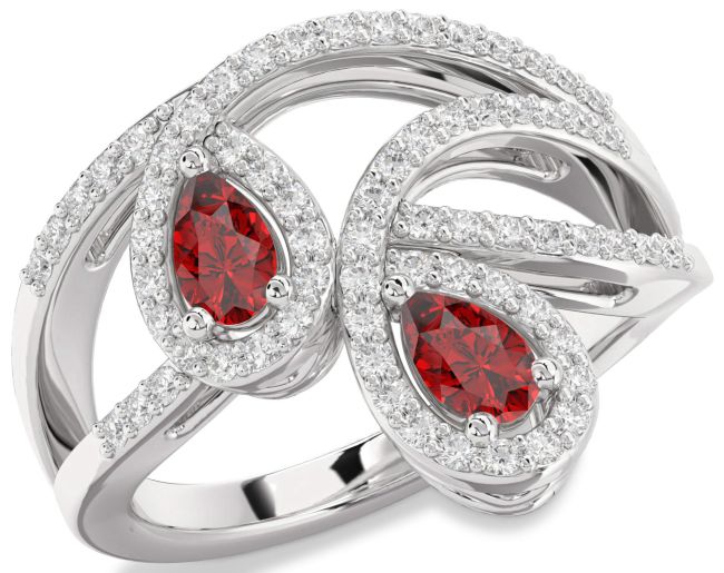 Diamond Ruby Silver Pear Two Stone Birthstone Ring