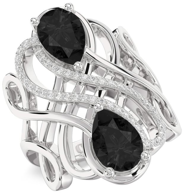 Black Diamond Silver Knot Pear Two Stone Ring