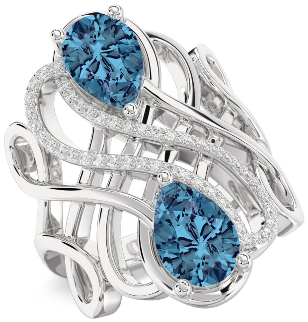 Blue Diamond Silver Knot Pear Two Stone Ring