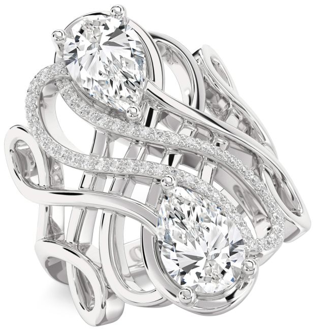 Diamond Silver Knot Pear Two Stone Ring