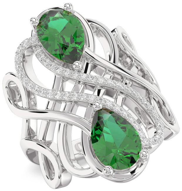 Diamond Emerald Silver Knot Pear Two Stone Birthstone Ring