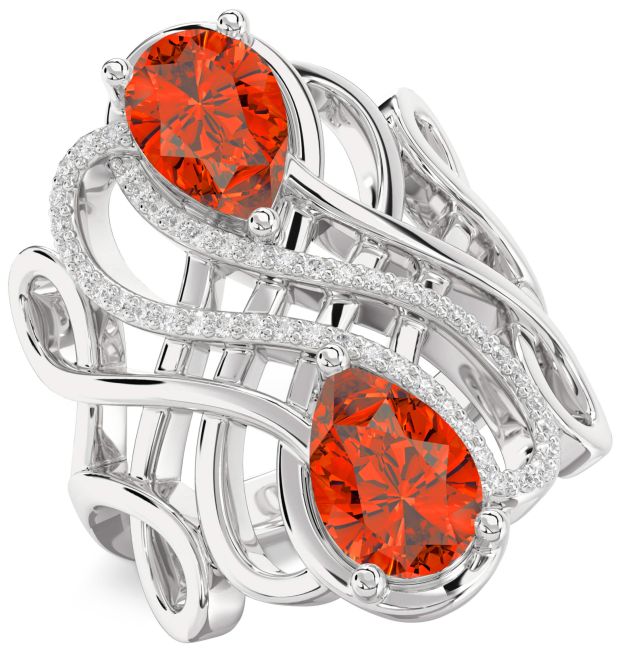 Diamond Fire Opal Silver Knot Pear Two Stone Ring