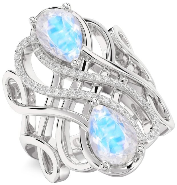Diamond Moonstone Silver Knot Pear Two Stone Ring