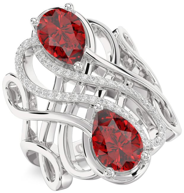 Diamond Ruby Silver Knot Pear Two Stone Birthstone Ring
