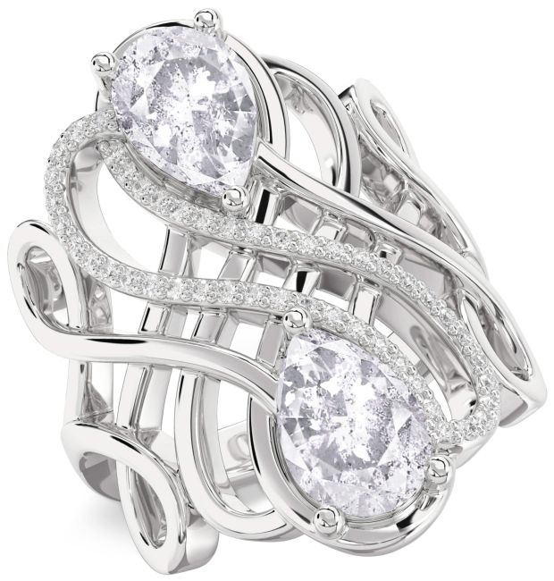 Salt & Pepper Diamond Silver Knot Pear Two Stone Ring