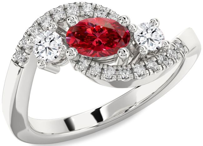 Diamond Ruby Silver Oval Three Stone Engagement Ring