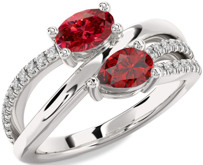 Diamond Ruby Silver Oval Two Stone Birthstone Ring