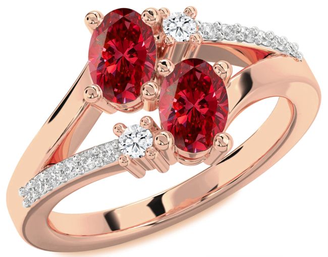 Diamond Ruby Rose Gold Oval Two Stone Birthstone Ring