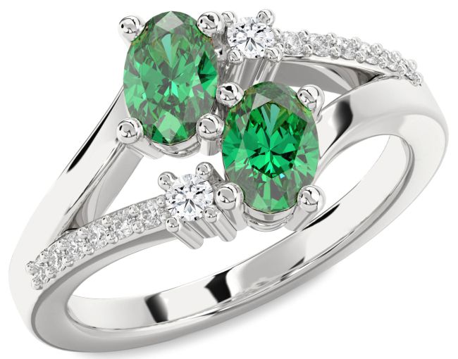 Diamond Emerald Silver Oval Two Stone Birthstone Ring