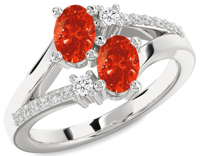 Diamond Fire Opal Platinum Oval Two Stone Ring