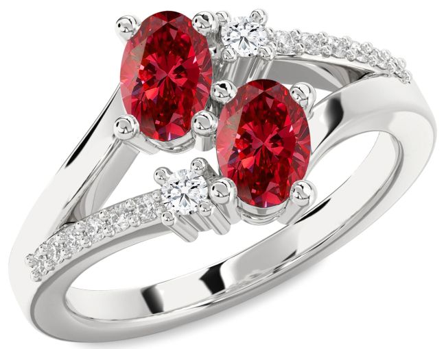 Diamond Ruby Silver Oval Two Stone Birthstone Ring